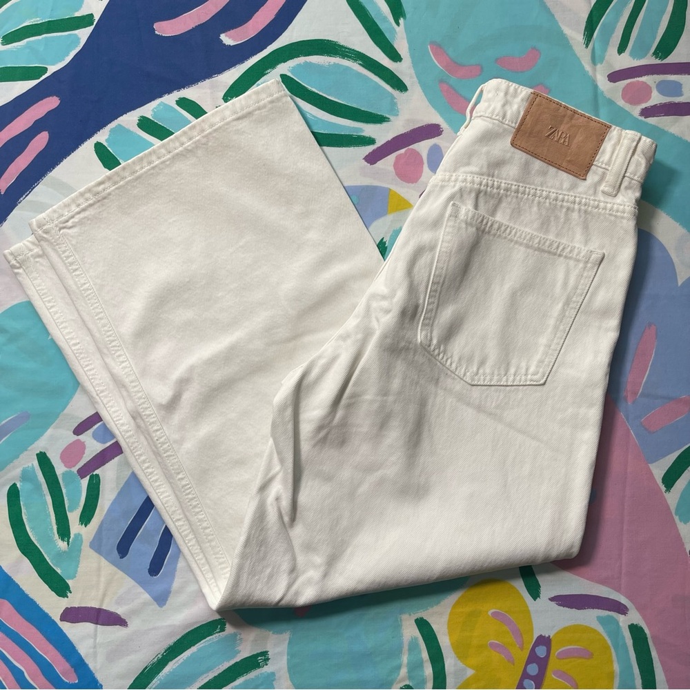 Zara Bright White High Waisted Wide Leg Denim Jeans (6)